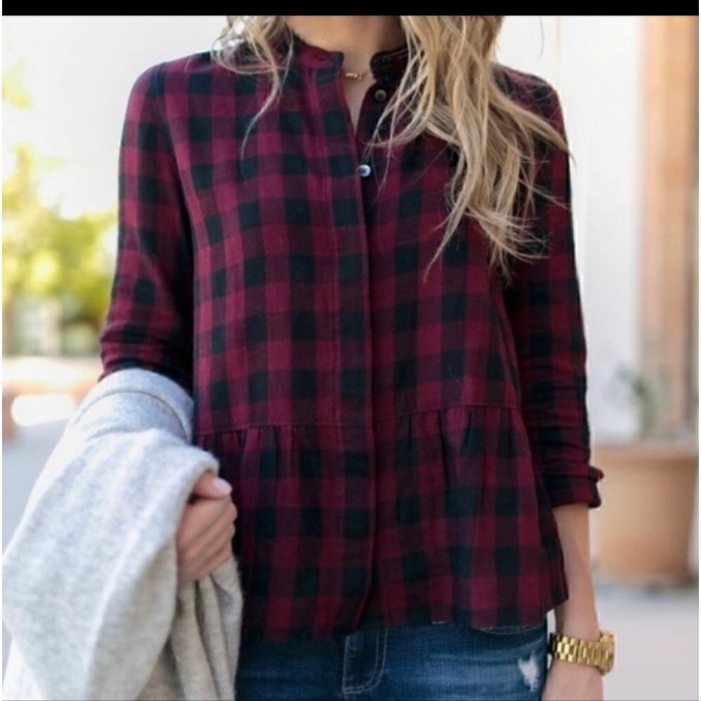 Madewell Peplum Checked Cotton Linen Button Down Shirt - Picture 11 of 13